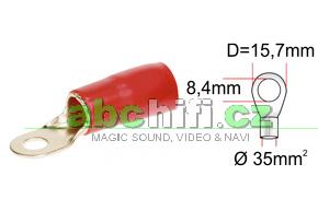 Kabelové oko zlaté pro kabel 35 mm2, otvor 8,4 mm, červená izolace