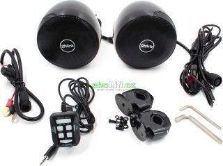 Zvukový systém s reproduktory na motocykl, skútr, ATV s FM, USB, AUX, BT, černý