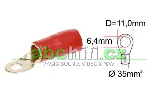 Kabelové oko zlaté pro kabel 35 mm2, otvor 6,4 mm, červená izolace